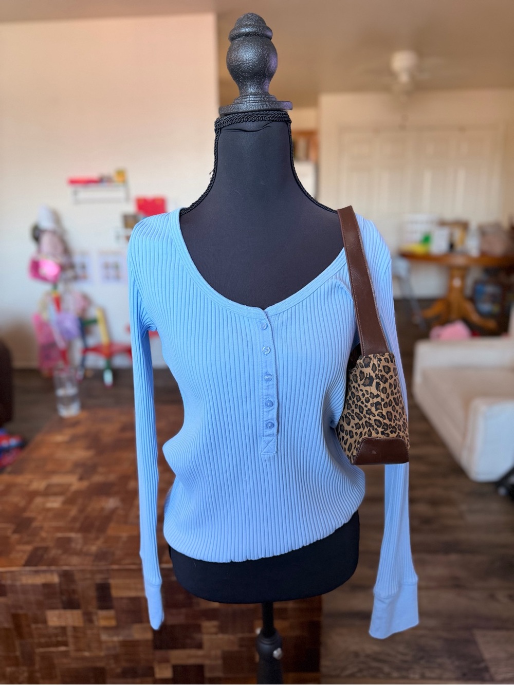 aerie Light Blue Ribbed Henley Scoop Neck Sweater